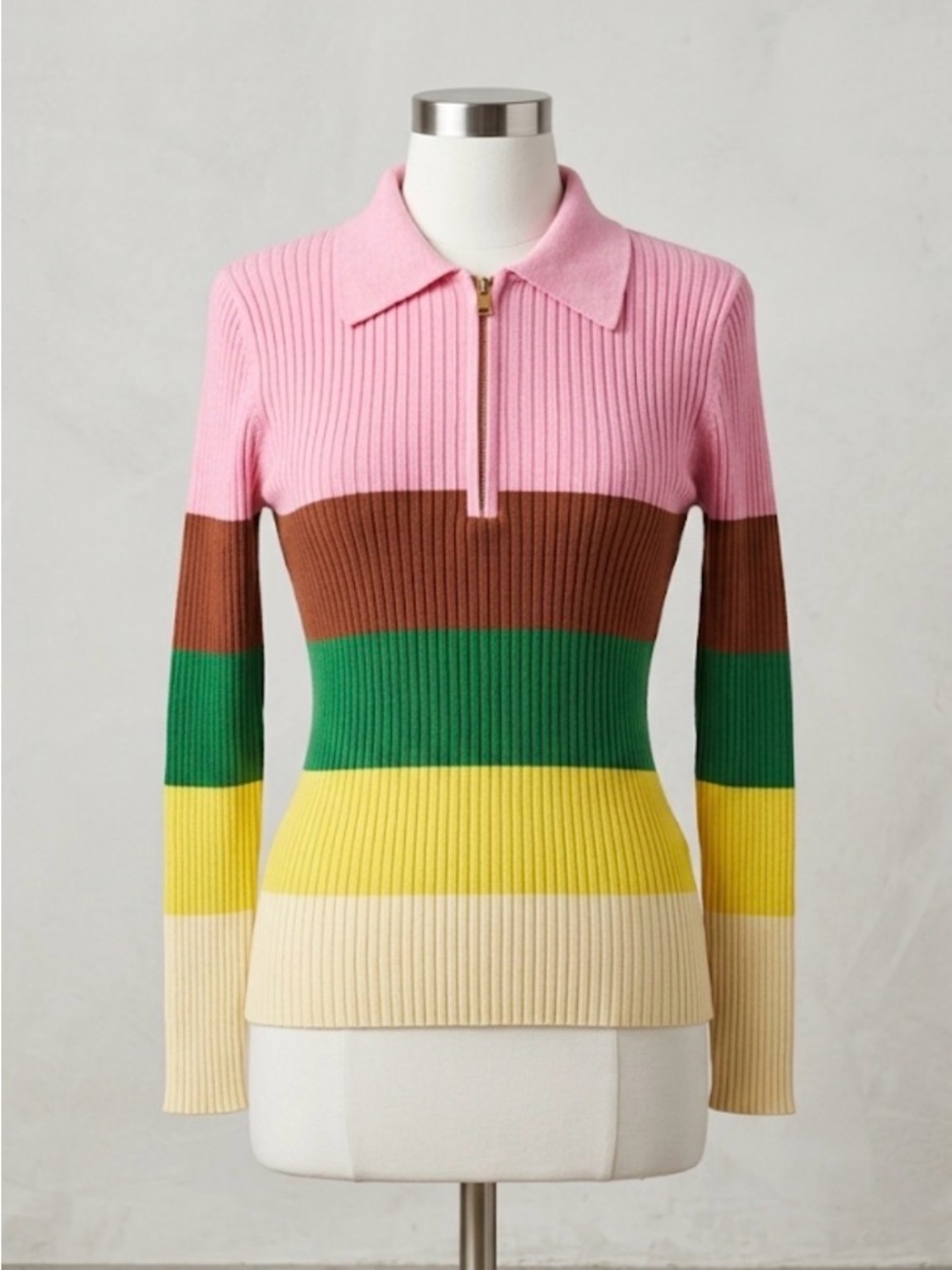 VAARA Pink Collared Zip Ribbed Sweater with Bold Colorblocks